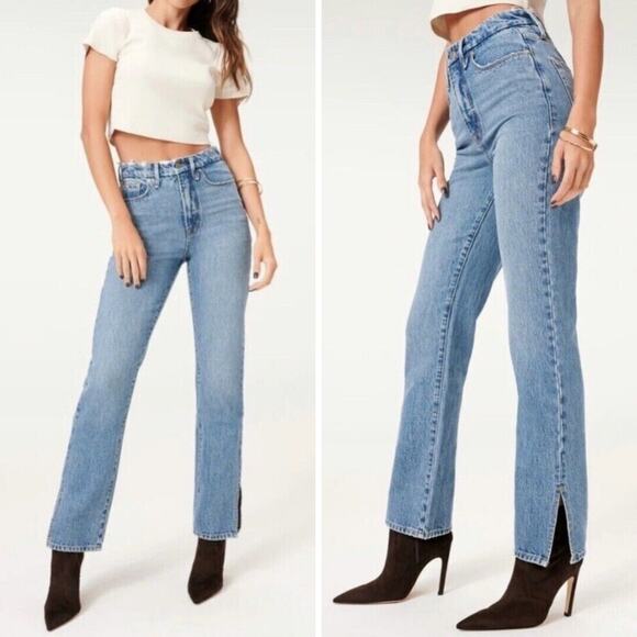 NWT GOOD AMERICAN JEANS 27 GOOD BOY BOYFRIEND ANKLE SLIT HIGH RISE BLUE GB999TFT - Picture 1 of 9